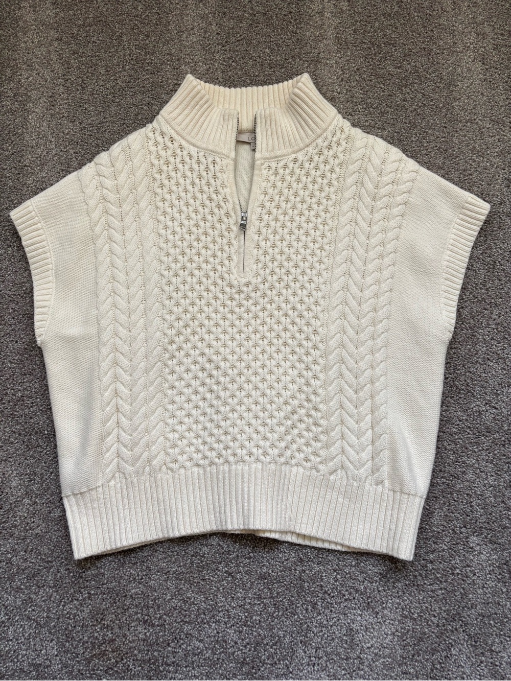 LOFT cable-knit sweater vest featuring a half-zip neck